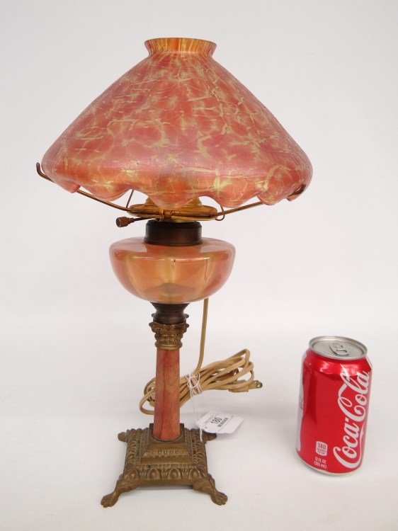 Boudoir Lamp: Early marble and glass font lamp with crackled design shade. 16" Overall Ht. Shade has line on interior not visible from outside of shade. Provenance: Redwood New York Estate. Provenance: Redwood New 