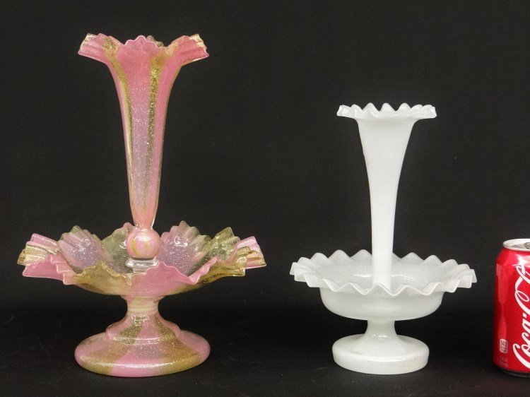 Epergne Lot: Lot two glass two part epergnes with ruffled edges. 10" and 13" Ht. Provenance: Redwood New York Estate.