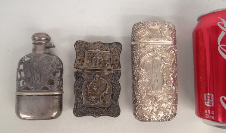 Misc. Lot Including Jaccard Card Case: Misc. lot including repousse monogrammed case, fancy wirework card case and marked Jaccard sterling bottle. Provenance: Redwood New York Estate.