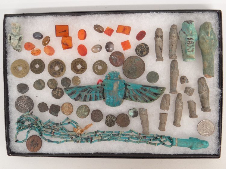 Ancient Coin & Egyptian Lot: Misc. lot Ancient coins and Egyptian pottery figures, Ethnic coins etc. Provenance: Redwood New York Estate.