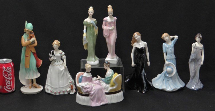 Figurine Lot Including Royal Worcester: Lot of eight figurines including Royal Worcester and Royal Doulton. Provenance: Redwood New York Estate. One as found.