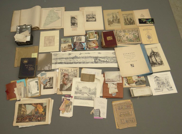 Ephemera Lot: Misc. ephemera lot including prints, early letters, Almanac, swatch book, Bermuda portfolio, "Associated American Artist Galleries portfolio, 1864 Jefferson County New York atlas (Pub. Phila.), Columb