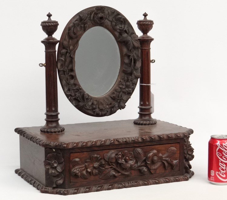 Carved Dresser Mirror: Carved single drawer dresser mirror. 16" x 11" x 19". Provenance: Redwood New York Estate.