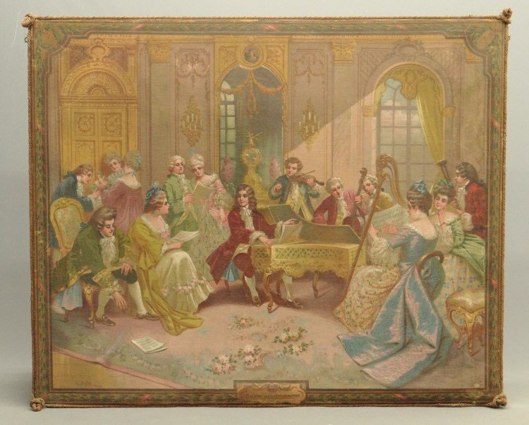 Painting "Haendel ed i suoi Collaboration": Large painting oil on burlap with rope surround "Handel ed i suoi Collaboration". 79" x 64" Ht. Provenance Colgate Mansion (Paul Leka Estate).Provenance Colgate Mansion (Paul Leka Estate).