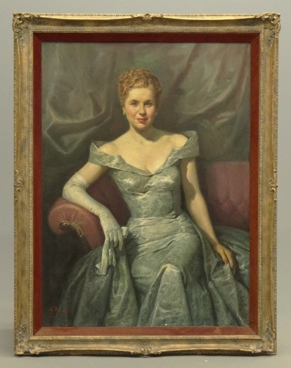 Painting Signed "L. Markos New York 1958": Painting contemporary oil on canvas portrait of a woman signed LLC "L. Markos 1958 New York". Sight 44 1/2" x 32". Provenance Colgate Mansion (Paul Leka Estate).