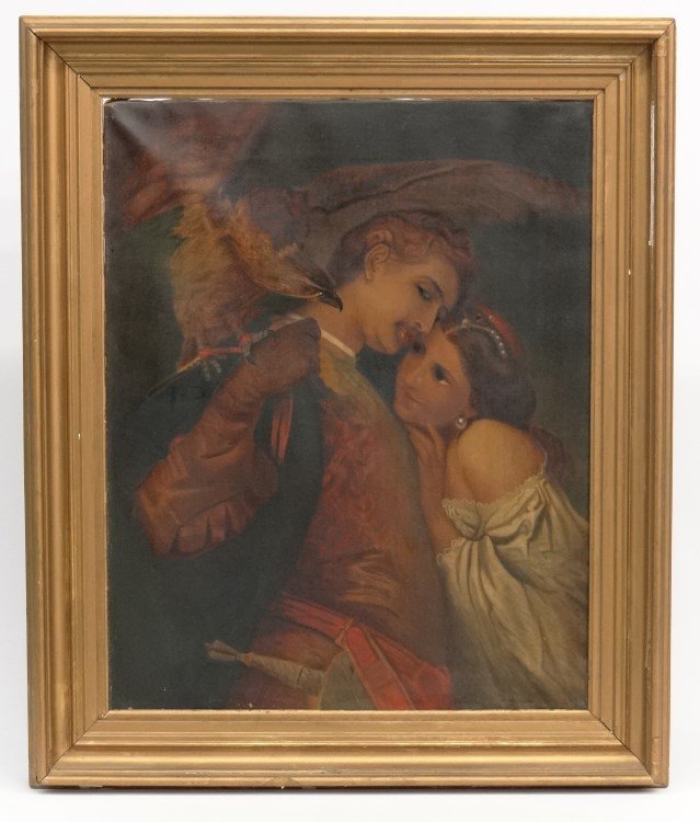Painting Continental School: 19th c. oil on canvas Continental School with figures and falcon. Sight 26 1/2" x 21". Provenance: Redwood New York Estate.