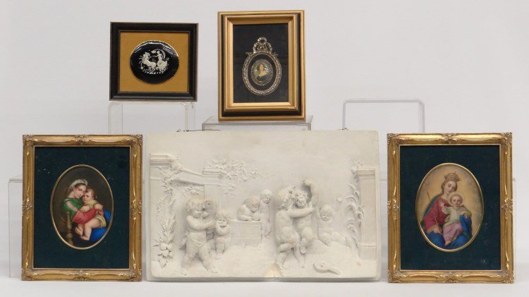 KPM Style Plaque Lot: Misc. lot including plaster frieze (18 1/2" x 12" Ht.), two Religious plaques (marked K 5 on back of one, possibly KMP (?), medallion with portrait of a women and medallion in frame. Provenance: Redwo