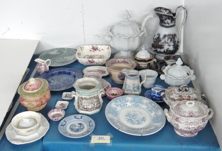 Ironstone Lot: Large lot of 19th c. ironstone transferware approx. 30 pieces. Note: some unusual two tone transfer patterns. Provenance: Redwood New York Estate.