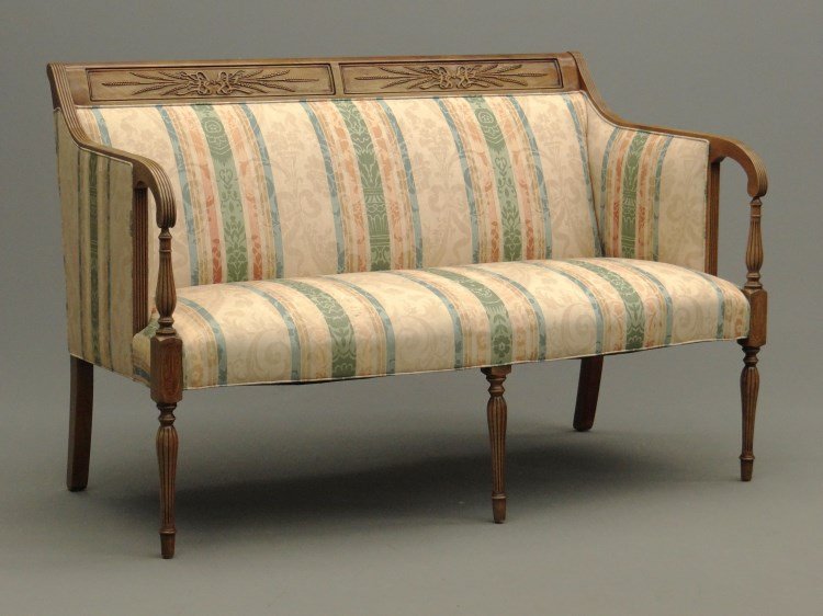 Sheraton Style Settee: Custom mahogany Sheraton style settee with reeded legs and arms. 53 3/4" x 29" x 36" Ht.