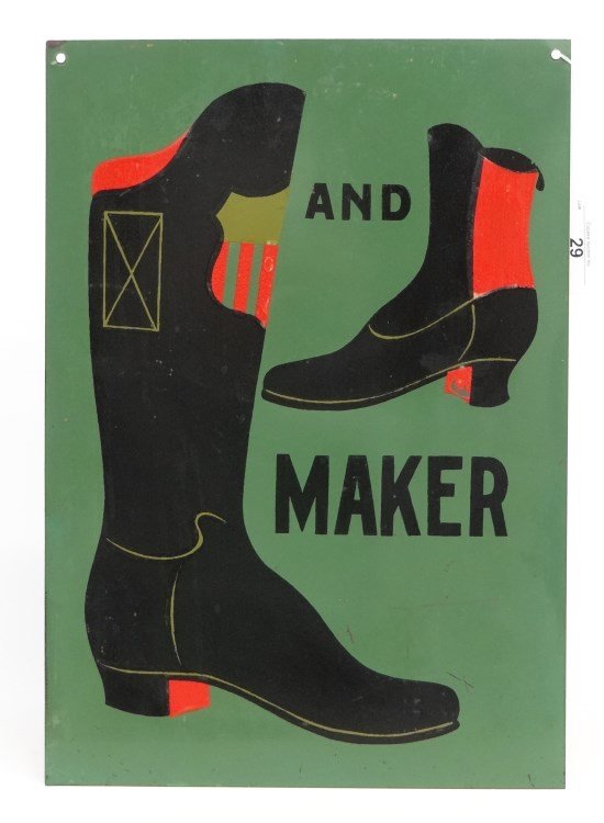 Boot Maker Trade Sign: Painted sheet iron boot maker trade sign. 14 1/4" x 20 1/4" Ht.