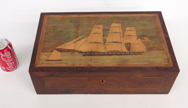 19th c. Writing Box With Inlaid Ship: 19th c. writing box, top inlaid with sailing vessels (English flag). Retains original interior. 17 1/2" x 10 1/2" x 5 1/2" Ht.