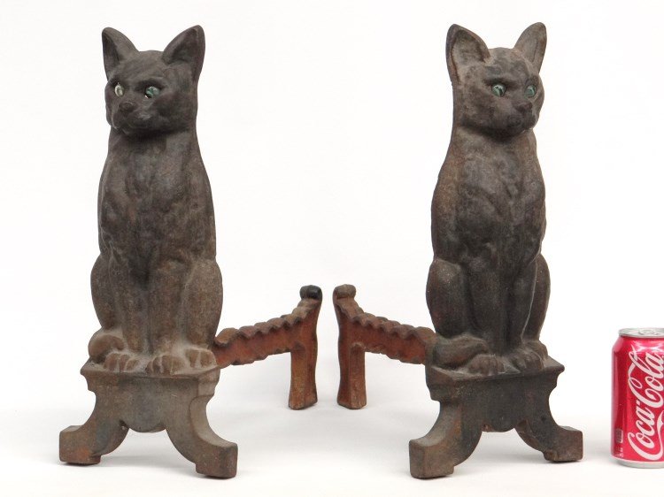 Pair Cat Andirons: Pair early glass eye cat andirons. 16" Ht., 16" D. Marked Nashville.