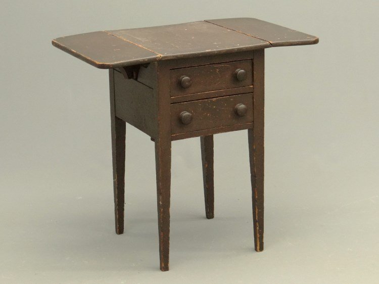 19th c. Hepplewhite Work Stand: 19th c. two drawer Hepplewhite work stand with drop leaves. Top 16" x 20" with 8" leaves, 29" Ht.