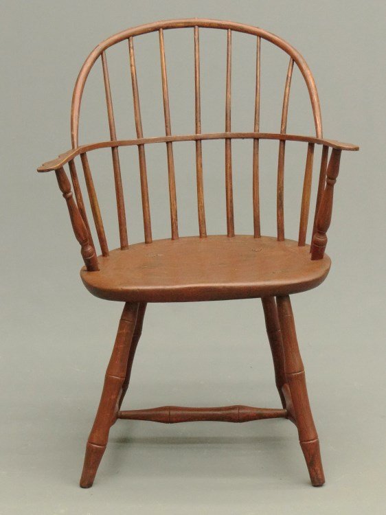 18th c. Windsor Armchair: 18th c. Windsor sack back armchair, later red paint over earlier paint. 17" Seat Ht., 35 1/2" Overall Ht.
