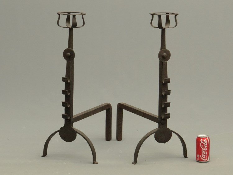 Andirons: Pair early iron andirons with four spit holders. 27" Ht.