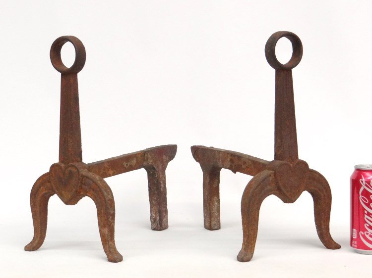 Pair Andirons: Pair early cast iron heart and loop top andirons. 12 1/2" Ht., 12" L.