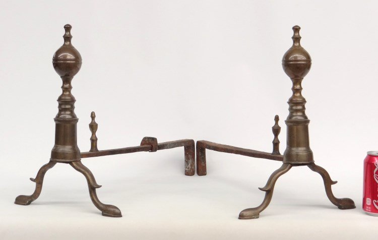 Pair 18th c. Andirons: Pair 18th c. brass andirons. 15" Ht., 20" D.