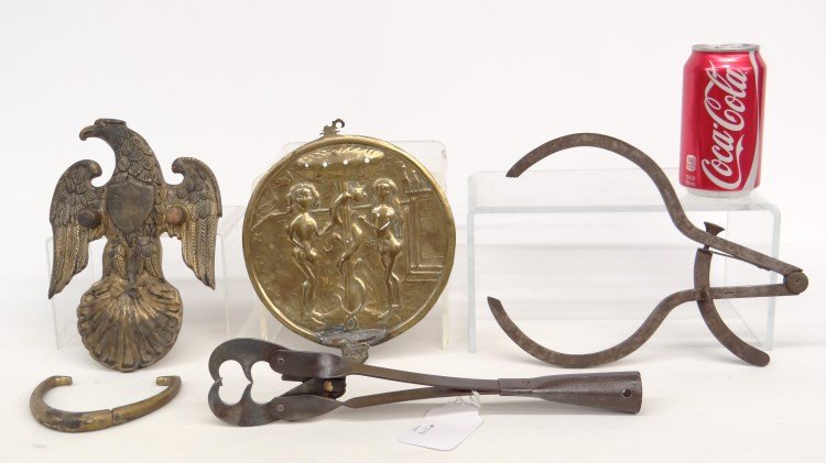 Misc. Lot: Misc. lot including fish gaff with hearts, early brass plaque of Adam and Eve, signed calipers and brass eagle door knocker.