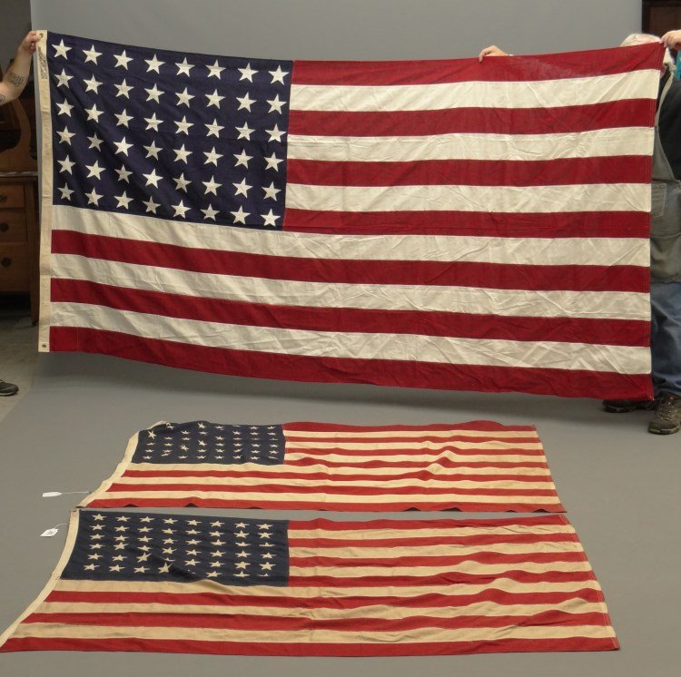 Flag Lot: Lot three flags including 48 star (44" x 67"), 48 star (41 1/2" x 68") and 48 star (Valley Forge Company 5 1/2' x 9').