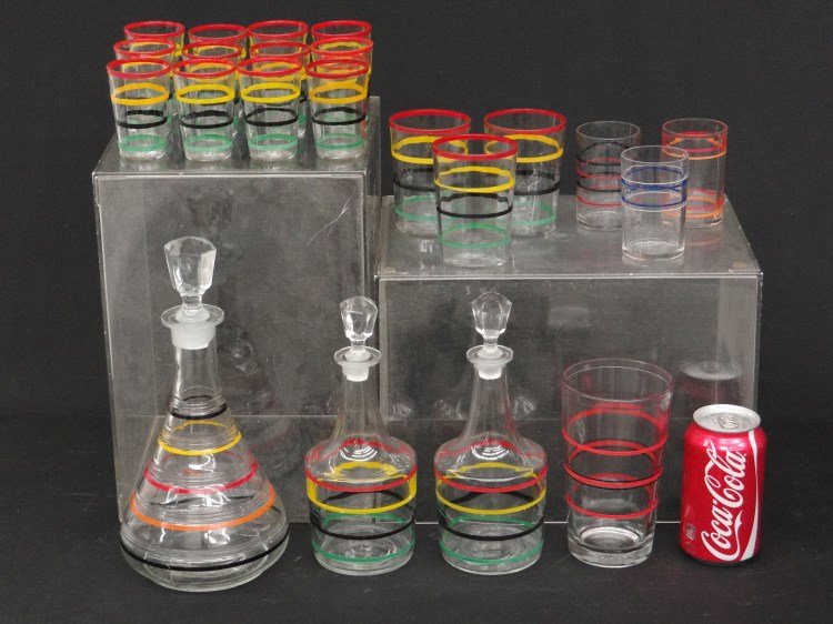 Vintage Decanters: Lot three vintage decanters (9" to 11" Ht.), along with (15) matching glasses and (4) odd glasses.