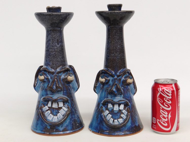Candlesticks Signed Charles Lisk: Pair grotesque pottery candlesticks marked underside "Charles Lisk Vale N.C.", 12" Ht.