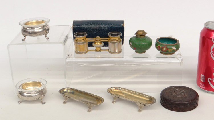 Misc. Lot: Misc. lot including pair salts with liners, Asian ink and sander, pair silverplate salts, treenware round box, MOP French opera glasses.