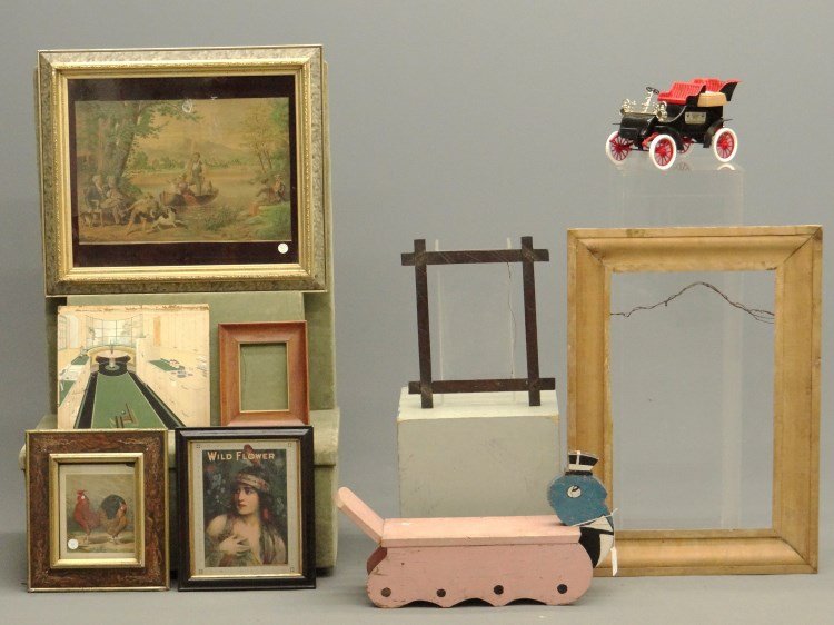 Misc. Lot: Misc. lot including frames (including Victorian examples), Jim Beam bottle, childs turtle bench etc.