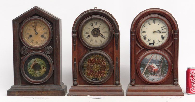 Clock Lot: Clock lot including: (3) 19th c. "figure eight door" mantle clocks, one labeled "Atkins, Bristol Conn.", the other unsigned with a oak top labeled "Ingraham & Co. Bristol Conn.".