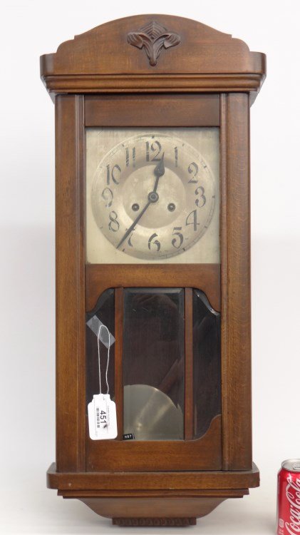 Regulator Wall Clock: German regulator wall clock with beveled glass. 14" x 6 1/4" x 31" Ht..