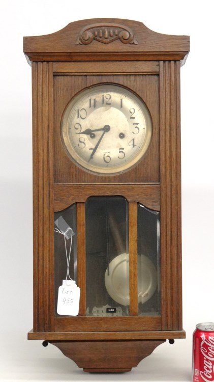 Regulator Wall Clock: German regulator oak wall clock with beveled glass. 13" x 6 1/2" x 26 1/2" Ht..