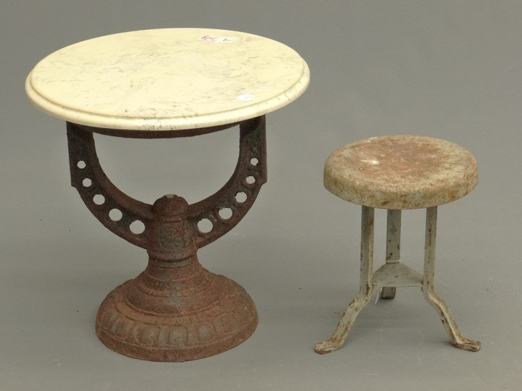 Garden Table: Lot including iron garden table with marble top (top 17" D., 17 1/2" Ht.), along with metal milking stool (12" Ht.).