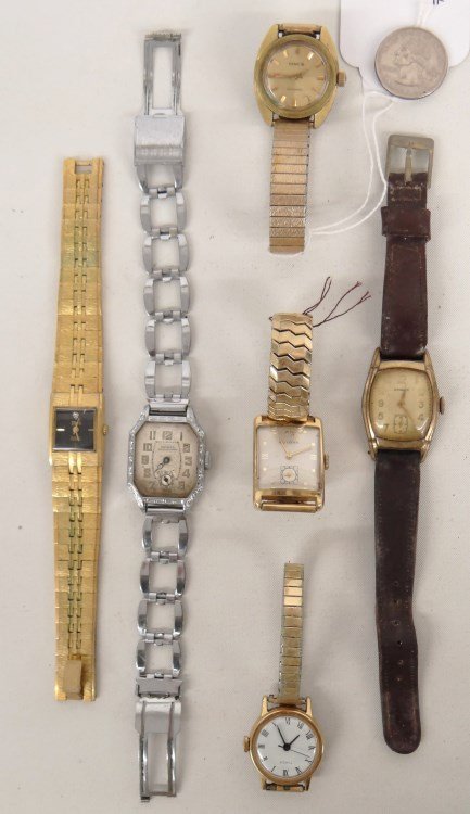 Watch Lot: Lot six watches including "Risa", "Awoner", "Banner", "Bulova" (14 Karat), "Timex", "Bemrus".