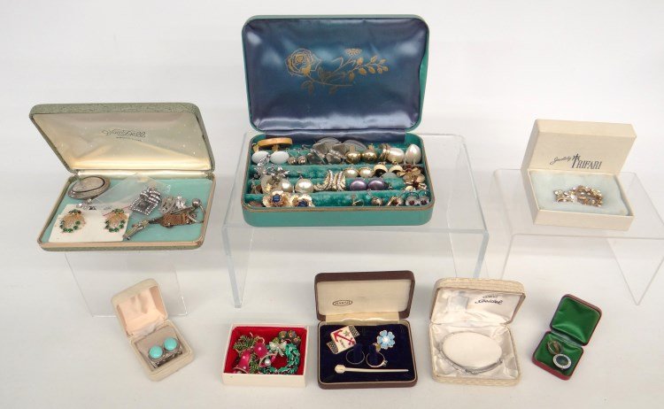Jewelry Lot: Misc. jewelry lot including Trifari boxed pin, sterling pin signed "Marsh", silver cross pin, enamel Dutch sterling pin, sets of earrings, sterling bracelet, sterling and turquoise earrings etc.