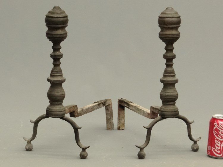 Pair 19th c. Empire Andirons: Pair 19th c. Empire beehive andirons with ball feet. 17 1/2" Ht., 16" D.