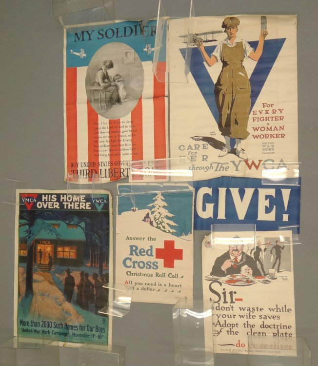 World War Poster Lot: Lot six World War posters including "GIVE" (27" x 13" Ht.), "Answer The Red Cross" (20 1/2" x 30"), "My Soldier" (28" x 42"), "Do Your Share" (21" x 28"), "For Every Fighter a Woman Worker" (30" x 40"