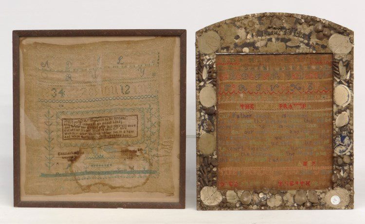 19th c. Samplers: 19th c. needlework sampler "Elizabeth Martha Stevens". As found. Sight 16 1/2" x 16 1/2", along with 19th c. as found sampler.