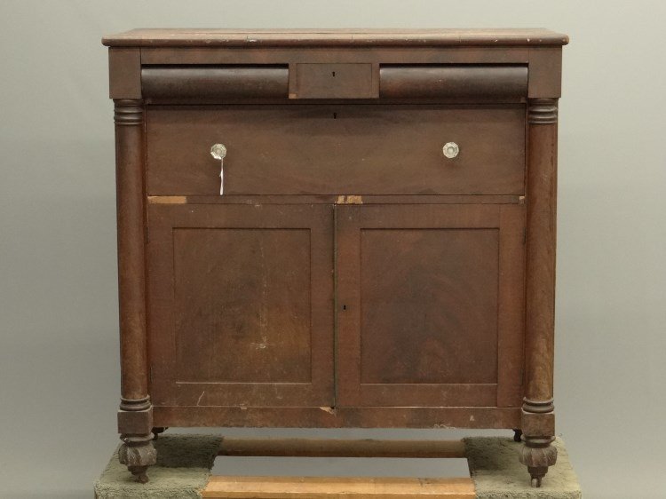 Empire Server: Empire mahogany server having three drawers over long drawer over two doors. 50" x 23 1/2" x 50" Ht.