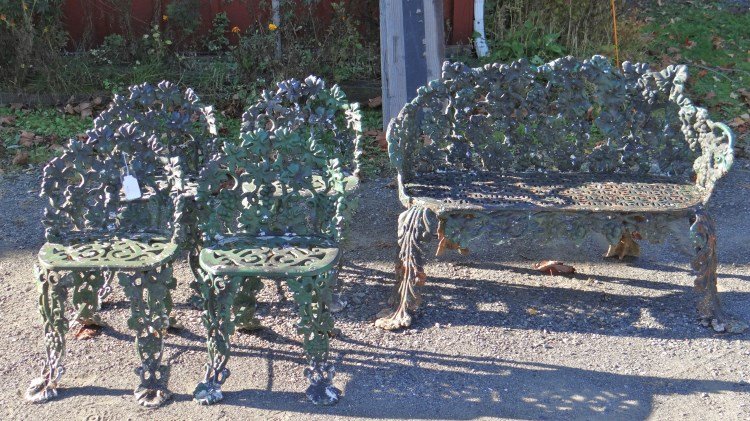 Cast Iron Setttee & Four Chairs: Cast iron garden settee and four chairs, as found.