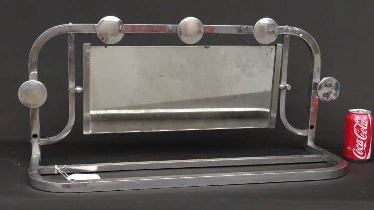 Chrome Shaving Mirror: Chrome shaving wall mirror. 28 1/2" x 10 1/2" x 12 3/4" Ht. From a railroad sleeper car.