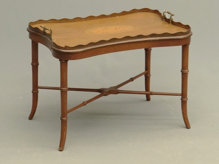 Inlaid Butlers Table: Shell inlaid butlers table with tray top and brass handles. 26" x 17" x 20" Ht
