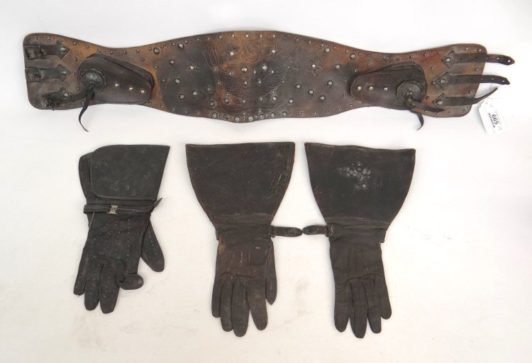 Motorcycle Belt & Gloves: Lot including motorcycle belt and (3) gloves.