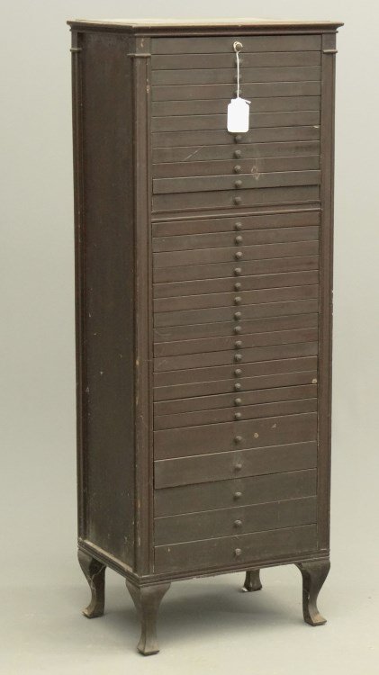 Victorian Sheet Music Cabinet: Victorian (30) drawer mahogany music cabinet. 19 1/4" x 13 1/2" x 52" Ht.