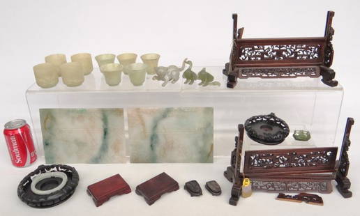 Asian Jade Lot: Misc. Asian jade lot including two screens with panels (screens as found, Sotheby's tag on one), panels 6 1/2" x 9" each, nine cups, cat, bracelet, birds (as found), etc.