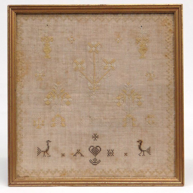 19th c. Sampler: 19th c. marking sampler with initials "AH", with heart and birds. John Wanamaker label verso. Sight 8" x 8".