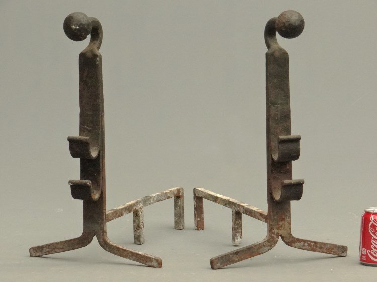 Andirons: Pair early blacksmith made andirons. 22" Ht., 21" D.
