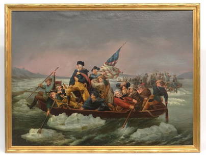 Painting "Washington Crossing The Delaware": Painting oil on canvas "Washington Crossing The Delaware", copy of Emanuel Gottlieb Leutze's famous painting. Sight 29 1/2" x 39".