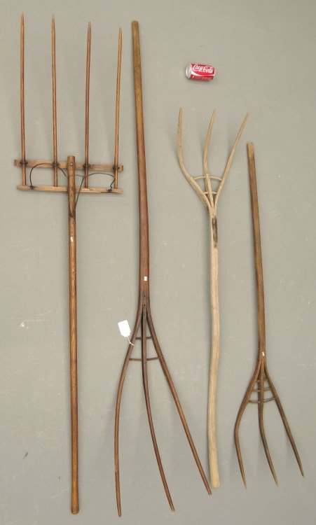 Hay Forks: Lot (3) 19th c. wooden hay forks along with barley fork.