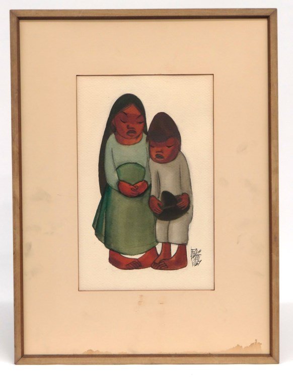 Leo Politi Illustration Watercolor: Leo Politit (1908-1996, included in San Museum of Art, The Carnegie Art Museum, Illustrator of children's books), illustration of children, watercolor. Sight 12" x 7 1/2".