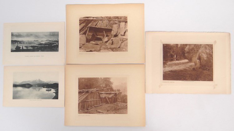 Edward Curtis Photogravures: Lot of (5) Edward Curtis photogravures "Yurok Houses At Weitspus", "A Summer-Lake Pomo", "Entrance To A Yurok Sweat-Lodge", "Dutch Harbor, Unalaska", "Columbia Glacier, From Heather Island".