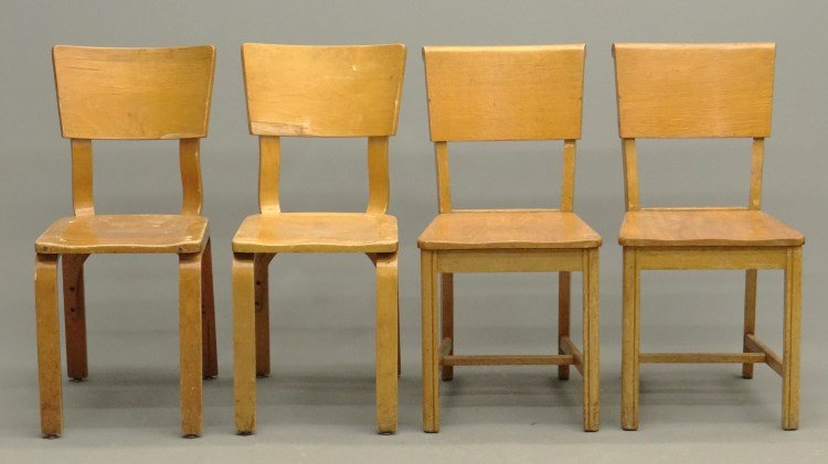 Mid Century Chairs: Lot four Mid Century chairs, two different sets. One pair labeled Phoenix Chair Co., other set labeled Thonet.